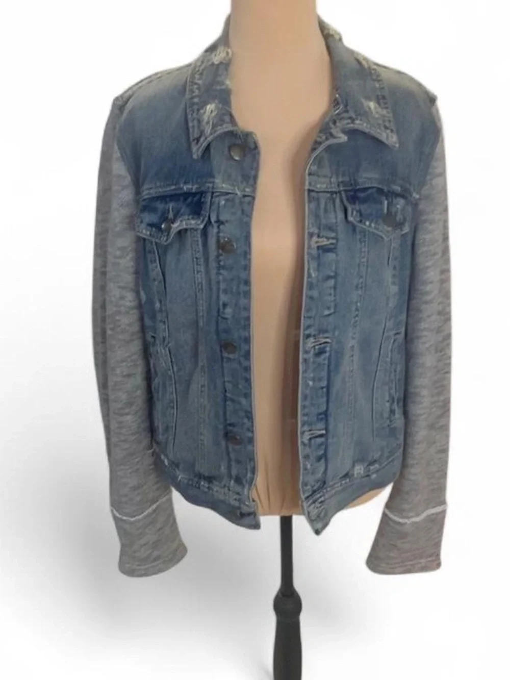 Free People Distressed Denim Jacket with Jersey Sleeves & Detachable Hood - Picture 3 of 8